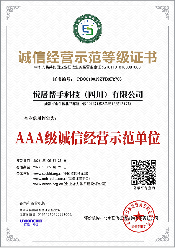 诚信经营示范等级证书